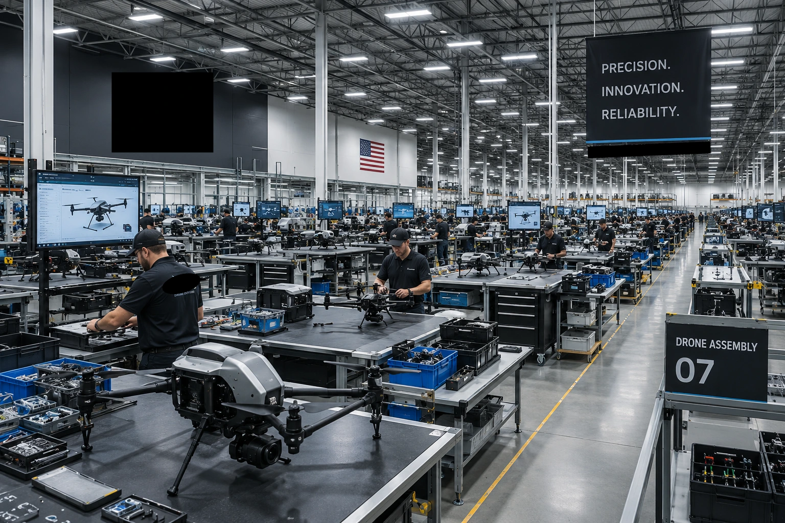 Electronics assembly workstations with technicians and engineering displays