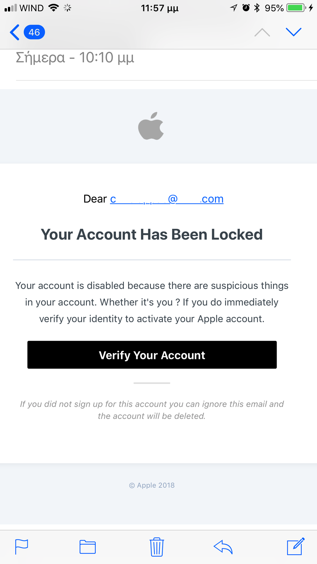 Phishing email demanding account verification